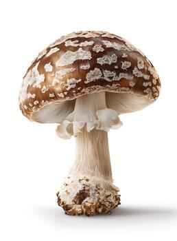 Single mushroom, light beige stem, dark brown cap with speckled pattern photo