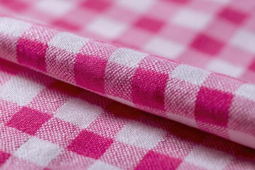 Close-up of pink and white checkered fabric. Folded fabric with visible creases photo