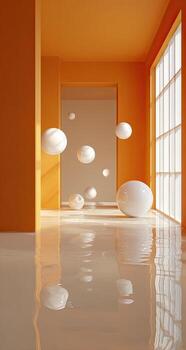 Floating spheres in an orange room photo