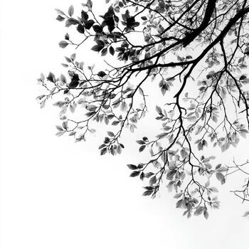 Black and white tree branches and leaves against a bright background photo