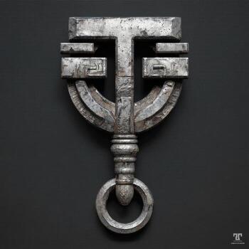 Ornate, metallic, stylized T-shaped pendant. Rustic, aged, 3D render photo