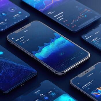 Multiple smartphones displaying data visualizations. Dark, futuristic app interfaces photo