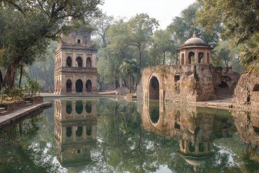Stone towers and arched structures reflected in calm water, surrounded by lush trees photo
