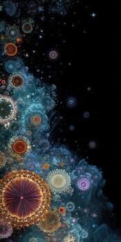 A fractal artwork showcasing a cosmic scene, detailed with intricate circular and nebula-like shapes photo