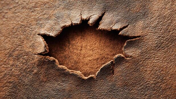 Torn leather with a circular hole. Close-up of aged, brown leather texture with a ragged, irregular hole photo