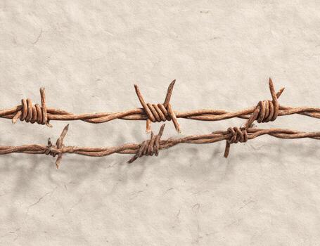 Two rusty barbed wire strands on a textured beige surface photo
