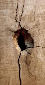 Close-up of a weathered wood plank with a central hole and deep cracks photo
