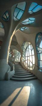 An interior showcases organic architecture, stairs, and large windows with a warm light photo