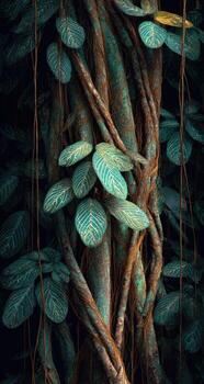 Intricate jungle root structure with vibrant leaves. Close-up of twisting, dark-brown roots intertwined with teal-green leaves. Deep shadows highlight the textures and patterns photo