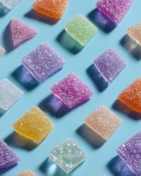 Colorful, geometrically-shaped, sugared candies arranged on a light-blue background. Shadows highlight the forms photo
