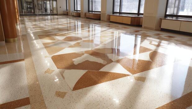 pulido terrazo piso en un grande, brillante pasillo con ventanas luz de sol crea un mosaico modelo de ligero y sombra en el lustroso superficie foto