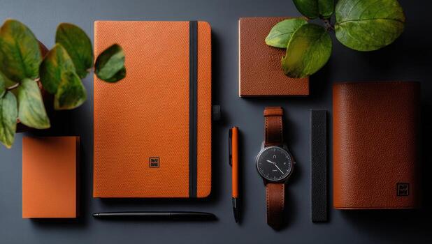 plano laico de papelería y accesorios, presentando un naranja quemada computadora portátil, pareo libretas, un mirar, bolígrafo, y cuero caso. verde follaje agrega un toque de naturaleza foto