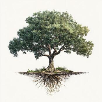Large tree with extensive roots against white photo