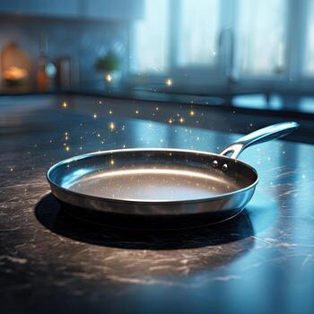 Empty round frying pan on a dark countertop with shimmering particles. Kitchen setting in background photo