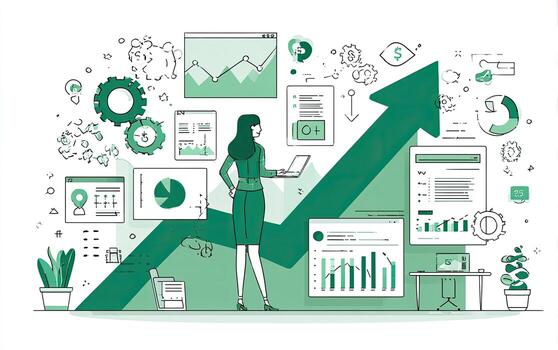 A woman stands facing away, holding a laptop, in front of a large upward-trending arrow. Surrounding her are various business graphs, charts, and digital elements, suggesting growth and progress photo