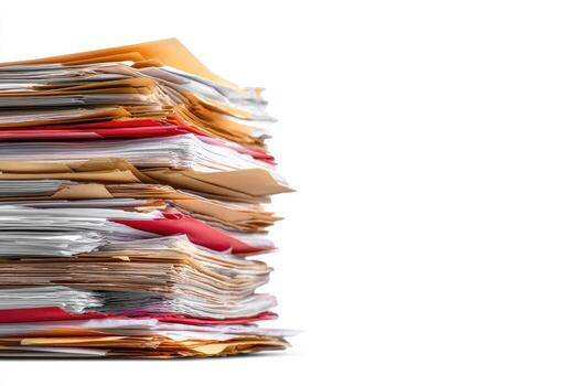 A tall, overflowing stack of papers and folders. Files of various colors, including tan, beige, and red, are densely packed. The papers are crumpled and unevenly layered, suggesting a large amount of documents. Isolated on white background photo