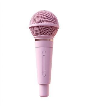 A light pink microphone, smooth and textured, stands on a white background. The microphone's rounded, textured top is a slightly darker shade of pink. The microphone's shaft is a uniform light pink, and has a small, light-colored switch on the side photo
