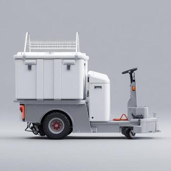 Side view of a white and gray utility vehicle, loaded with large white containers. Vehicle is compact and has a simple design, with a small driver's compartment photo