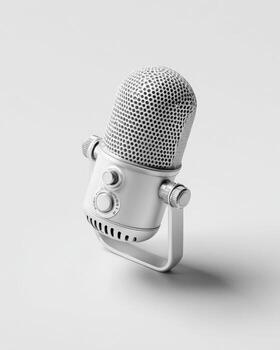 A white microphone angled on a light gray background. The microphone features a mesh grille, control knobs, and a metal stand photo