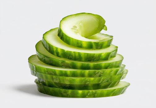 Spiraled cucumber slices stacked in a neat pile against a plain white background photo