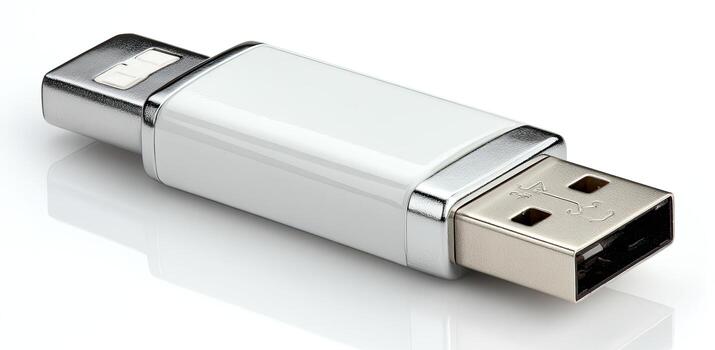 White rectangular USB flash drive angled, metallic accents photo