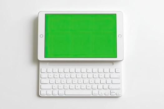 White tablet with a green screen and attached keyboard, top-down view on a white surface photo