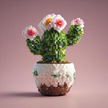 Pixelated cactus in a pot, with vibrant flowers photo