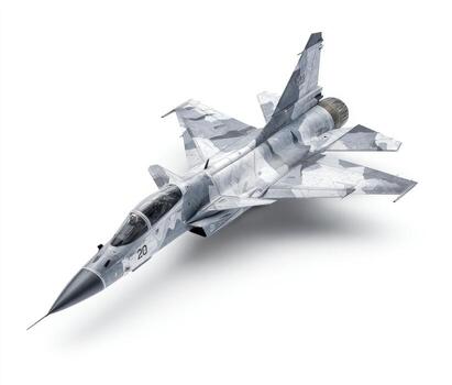 High-angle, full shot of a military jet. Camouflaged aircraft, light gray and white. Realistic model, isolated on white background. Sharp details photo