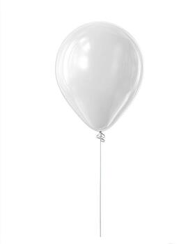 A single, glossy, white balloon on a thin string against a plain white background. The balloon is round and smooth, with a slight taper at the bottom. The string is barely visible photo