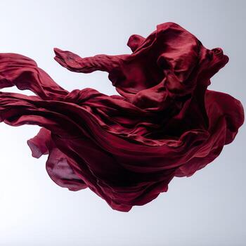 Deep crimson fabric drapes in a fluid, flowing motion against a plain background photo
