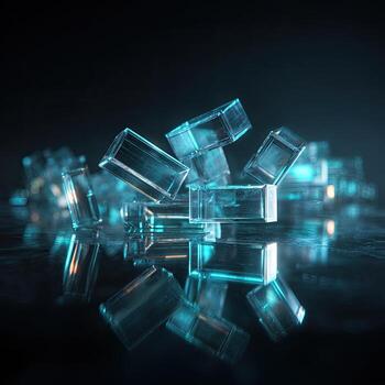 A collection of translucent, rectangular prisms, illuminated by a cool blue light, reflecting on a dark surface photo