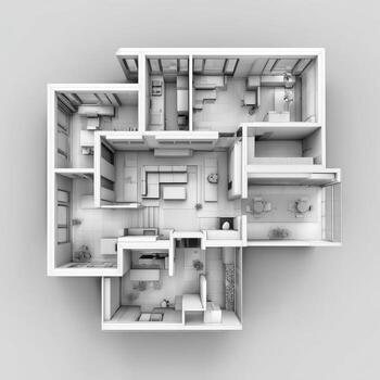 Top-down view of a modern apartment layout. Open concept, multiple rooms photo