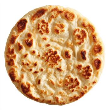 Round, golden-brown flatbread with uneven, patterned texture photo