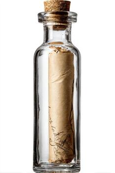 un pequeño, claro vaso botella, estrechamente tapado con un corcho, contiene un enrollado, Envejecido pergamino Desplazarse foto