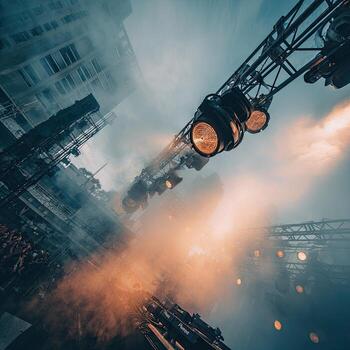 Low-angle view of a stage with spotlights, fog, and buildings photo