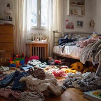 A cluttered bedroom with clothes piled on the floor. Sunlight streams in from a window photo