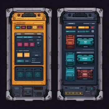 Two vertically oriented panels, resembling futuristic control panels or interface screens, showcasing a grid-based layout of controls and compartments. Panels feature a mix of yellow, orange, teal, and dark gray tones with metallic accents. Visible cont photo