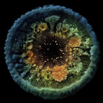 circular, detallado macro ver de un biológico muestra. un vibrante formación de hongos o microorganismos, varios formas y colores, radiante exterior desde un oscuro central centro. profundo, Rico matices de verduras, blues, amarillos, y naranjas llenar el imagen foto