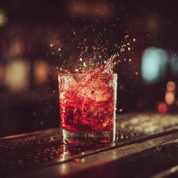 A vibrant, ruby-red cocktail in a rocks glass, splashing with ice and liquid. Blurred, dark background of a bar photo
