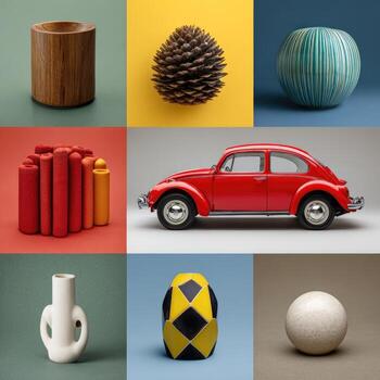 Nine colorful, geometric, and playful objects displayed in a grid photo