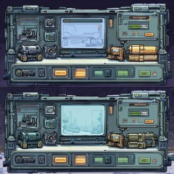 Two panels of a futuristic vehicle control interface. Displays various equipment photo