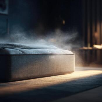 un moderno cama envuelto en cálido, difundido ligero y vapor foto