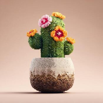 Pixelated cactus in a pot, vibrant colors photo