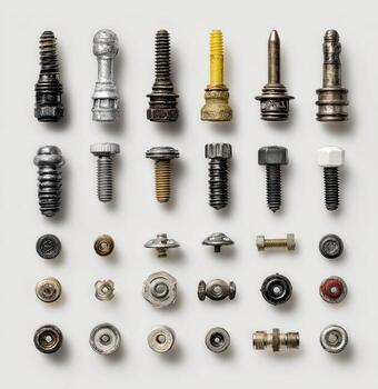 Assorted metal fasteners arranged in a grid pattern on a light background. Various shapes, sizes, and finishes photo