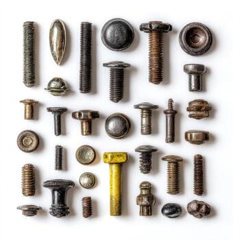 Assorted metal fasteners arranged in a grid pattern on a white background. Different types of screws, bolts, nuts, and washers, showing various sizes and finishes, including rusted and oxidized surfaces, and a single bright yellow bolt photo
