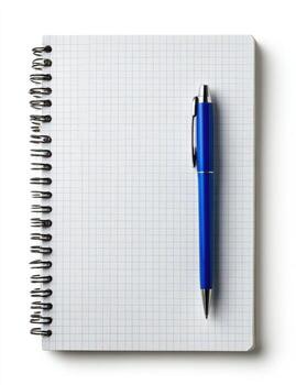Spiral-bound notebook with grid paper and blue pen photo
