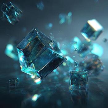 Teal cubes levitate in a dark space, reflecting light photo