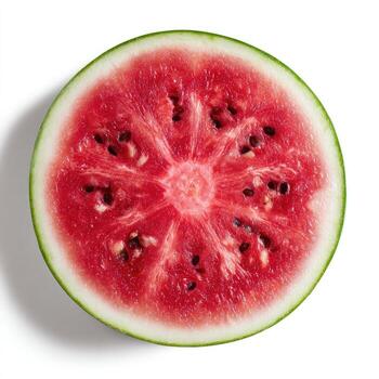 A perfect, round slice of watermelon, showcasing its vibrant red flesh and green rind. Seeds are visible in a starburst pattern at the center photo