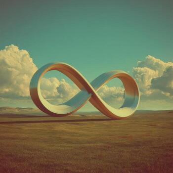 Infinity symbol, a light-gold, metal structure in a grassy field under a partly cloudy sky photo