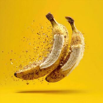 Two bananas with peels partially removed, suspended in mid-air against a bright yellow background. A sprinkle of small particles appears to be exploding around the bananas photo